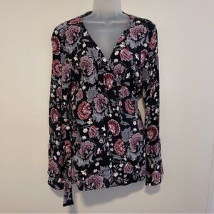 LOFT Women's Wrap Top Flutter Sleeve Side Tie Black Floral Print Medium NEW NWT